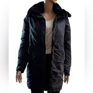 Duvetica Black Long Puffer Coat with detachable rabbit fur collar 42-Small